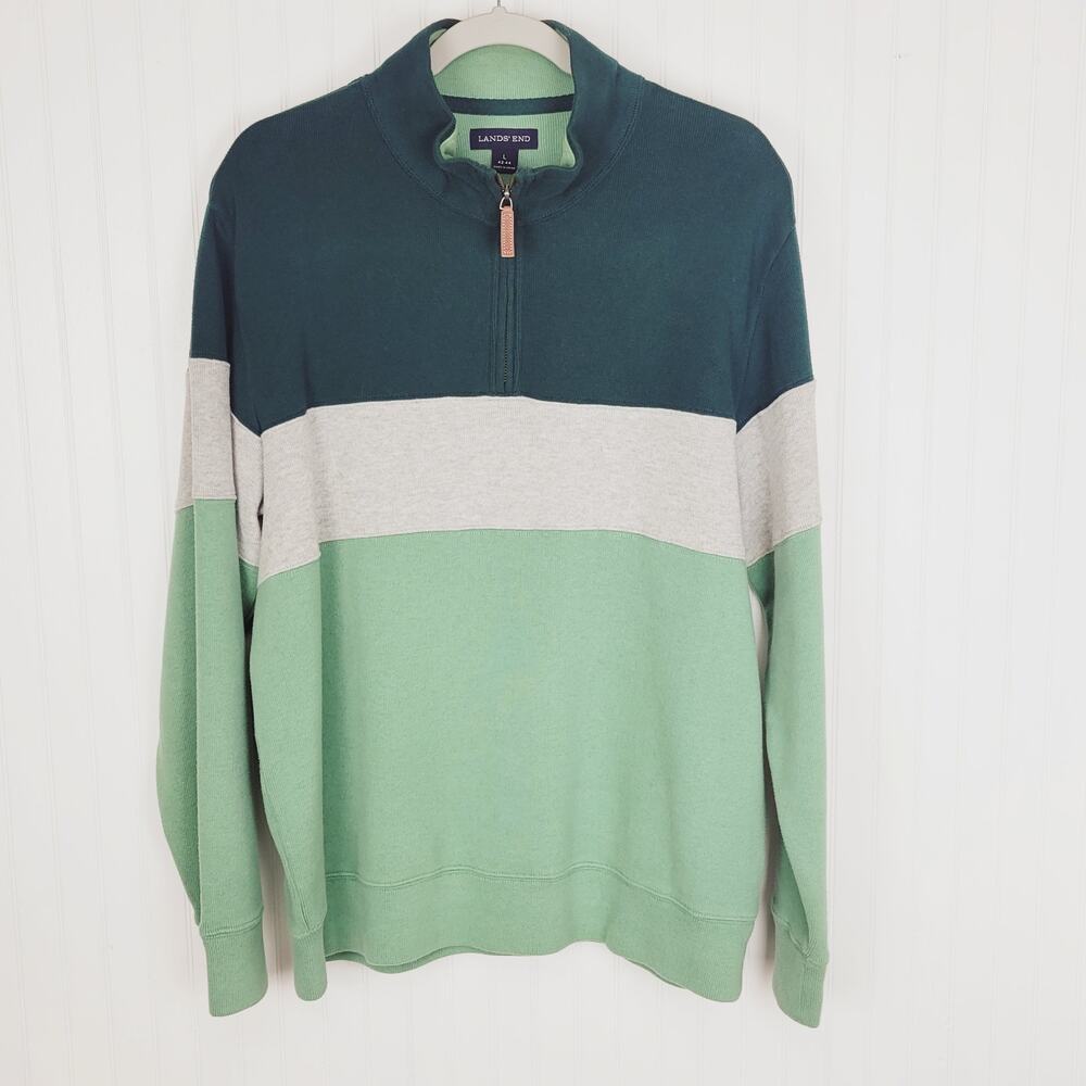 Lands' End Tri Color Cotton Quarter Zip Men's Size Large
